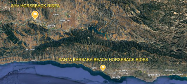 Map showing SVY and Santa Barbara Beach horseback rides in California.